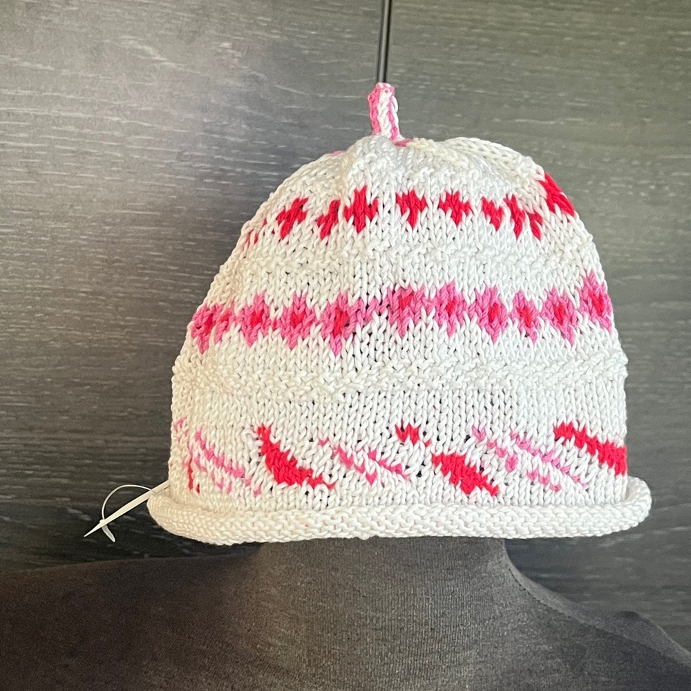 New Fairisle  Knit White & Pink Childs Beanie Cotton 10” Diameter 8” length